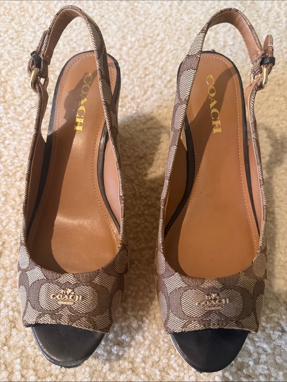Coach Brown Signature Canvas Peep-Toe Slingback Wedges with Gold Logo